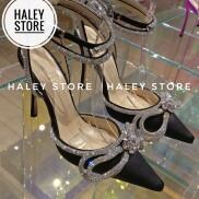 Giày sandal HALEY STORE bít mũi da lụa đính nơ xoàn đá phale quai trong