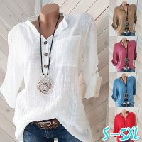 Oversized Women Blouses Cotton Linen Blouse Autumn Shirts Casual Long Sleeve Button V Neck Loose Shirt Lady Tops Plus Size S-5XL