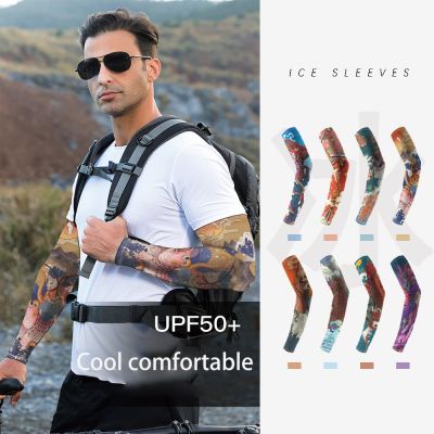 Mens Long Tattoo Sleeve Hand Cuffs Chinese Classical God Beast Sunscreen Ice Silk Cuff Large Size Cycling Fishing Arm Warmers Sleeves
