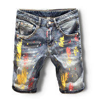 High-quality paint ripped denim shorts mens trend ins self-cultivation all-match pants personality graffiti five-point pants summer thin sectionTH