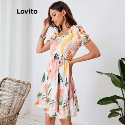 Lovito Boho Tie Dye Square Neck Ruffle Hem Puff Sleeve Dress L24LD147 (Multi-Color)