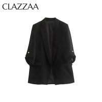 Clazzaa ผู้หญิงแฟชั่น Solid Blazer Vintage Notch Collar แขนยาวกระเป๋าด้านหน้าหญิง Office Lady ชุด CoatTH