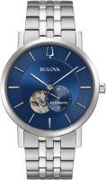 Bulova Mens Classic Stainless Steel 3-Hand Automatic Watch with Blue Open Aperture Dial Style: 96A247