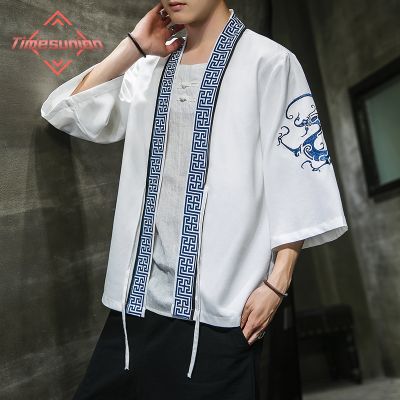 เสื้อสเวตเตอร์ถักเท่ฤดูร้อน Lelaki Hanfu Jepun แจ็คเก็ตเสื้อคาร์ดิแกน Kimono Purba Ukiyoe Kostum Purba Jubah Cape