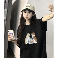 (พร้อมส่ง) Turn up เสื้อเชิ้ตแขนสั้นพิมพ์ลาย Little Cat นุ่มและระบายอากาศได้ดี (สั่งซื้อสินค้า จัดส่งทันที) T0127