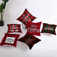 Christmas Pillow Cover Red Plaid Deer Pattern Peach Skin Fabric Cushion Cover Square Sofa Cushion Cover