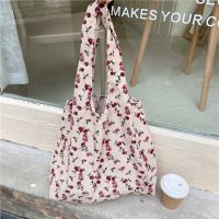 Vintage Rose Flower Women Shoulder Bags Fashion Ladies Eco Reusable Vest Shopping Bag Corduroy Girls Student Cloth Tote Handbags