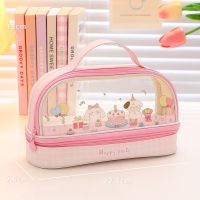 Kawaii Double Layer Pencil Case Large Capacity Pen Bag Cartoon Handle Transparent Pencil Box for Girls School Supplie Stationary