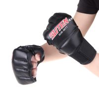 1 Pair PU Leather Half Mitts Mitten MMA Muay Thai Training Punching Sparring Boxing Gloves Golden/White/Red