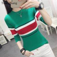 Spring Women Half Sleeve Sweaters Slim O-Neck Striped Pullovers Sweaters Female Autumn Elasticity Bottoming Cotton Jumpers