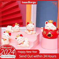 IsaacBorgu เครื่องประดับแมวกวักนำโชค2024 CNY ของตกแต่งรูปปั้นแมวให้โชคยางสังเคราะห์สำหรับห้องนั่งเล่นในบ้าน