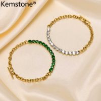 Kemstone กำไลข้อมือสเตนเลสสีเขียวสีขาวสร้อยคริสตัล Zircon ของขวัญเครื่องประดับสำหรับผู้หญิง