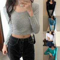 【Ready】Women Casual Solid Color Scoop Neck Long Sleeve Slim Blouse Top Base T-Shirt