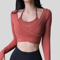 CHRLEISURE Women Sports Crop Tops 2 in 1 Print Yoga Shirt Long Sleeve Gym Workout Tee With Pad Sexy Fitness Running Blouse