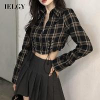 IELGY เสื้อแขนยาวผู้หญิงพรีเมี่ยมความรู้สึกโปโลคอลายสก๊อต