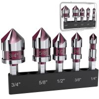 5 Flute Metal M35 Cobalt Countersink Drill Bit Set 82° 5pcs 1/4" Hex Shank Countersunk Bit Set 1/4” 3/8” 1/2” 5/8 With Holder Drills  Drivers