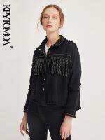 ZZOOI KPYTOMOA Women Fashion Tassel Beaded Oversized Denim Jacket Coat Women Vintage Long Sleeve Frayed Hem Female Outerwear Chic Tops