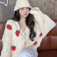 ✖✘ ZOKI Strawberry Loose Cardigan Sweater Fashion Sleeve Korean Female Preppy Y2k