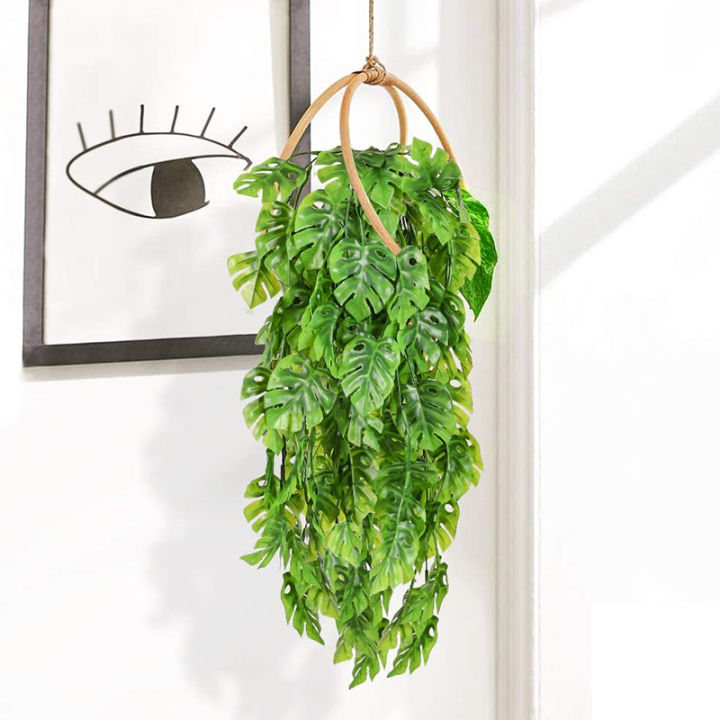 2-pcs-artificial-hanging-plants-fake-vine-fake-hanging-rattan-monstera-leaves-greeny-outdoor-uv-resistant-plants-greeny