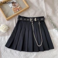 HIkigawa Womens Skirts Chic Chain Black Pleated Mini Skirt Spring High Waist A-line Faldas Fashion Vintage Student Jupes 7z227