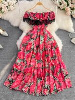 ✧ Summer Bohemian Floral Lace Patchwork Dress Sexy Vacation Beach Slash Neck Off Shoulder Ruffle A Line Vestidos Female New