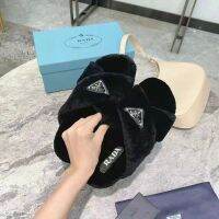 pradaˉwomen All-Match 2023 Autumn and Winter Warm Non-Slip PD New Fluffy Slippers Cross Triangle Mark Sandals Lightweight Platform
