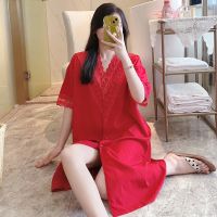 23 summer sexy lace cardigan short-sed red ice silk ghtdress pl fat 230 catties fat mm home clot jamas --SY2381✻卍