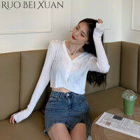 Ruo Bei Xuan เสื้อถักแขนสั้นสีขาวสำหรับผู้หญิงเสื้อผ้าคาร์ดิแกนแขนยาว