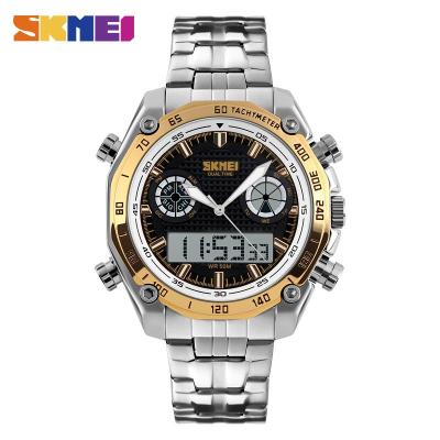 SKMEI นาฬิกานักธุรกิจผู้ชายแฟชั่นสแตนเลส,นาฬิกา LED อิเล็กทรอนิกส์กันน้ำควอตซ์นาฬิกาข้อมือแสดงผลคู่1204