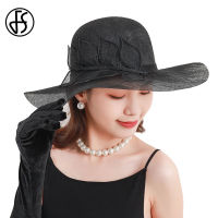 FS Black Flax Gauze Fedora Hat Women Big Wide Brim Wedding Hats Dome Vintage Fashion Church Elegant Fedora Chapeau Femme