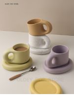 Nordic Ceramic Fat Handle Mug Saucer Set Girl Brief Coffee Milk Water Cup Cute Ins Couple Birthday Gift Lovely Kitchen Dining