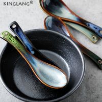 KINGLANG 2pcs Klin Glazed Soup Spoons Ceramic Dinner Rice Spoon  Kiln Retro Spoon Eat Drink Soup Serving Utensils