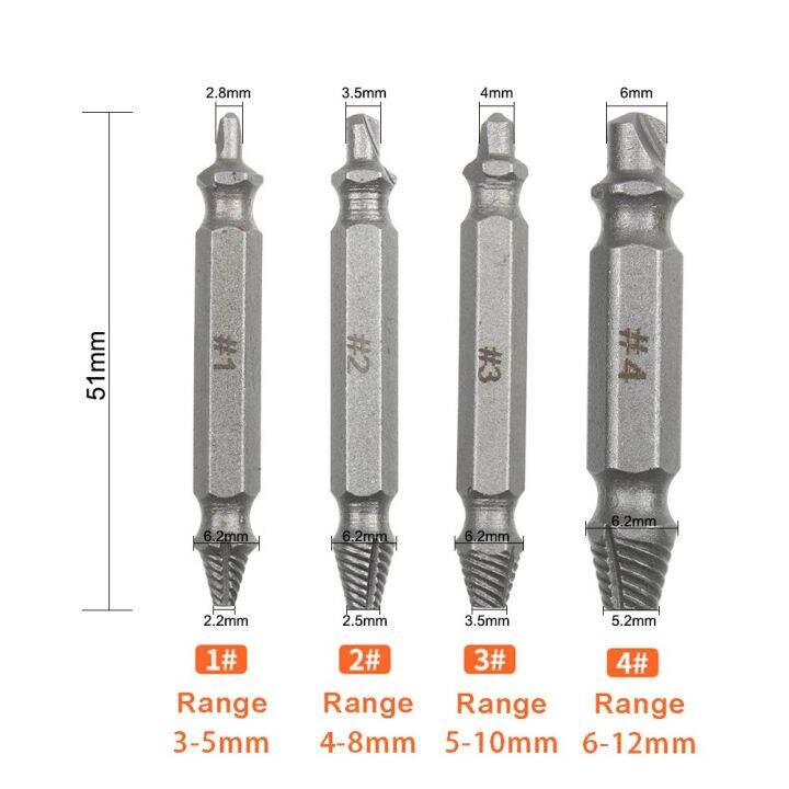 ไกด์ดอกสว่านอุปกรณ์ถอนสกรูที่เสียหาย4ชิ้นชุดเครื่องมือหัวถอดน็อตเกลียวตัดความเร็วออกง่ายสลักเกลียวถอดออกได้
