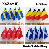 ✁ YAZANIE 14x21cm 4PCS Sweden Belgium Table Flag with Plastic Base and Pole Turkey Scotland Desk Flag Desk Set with Golden Stand