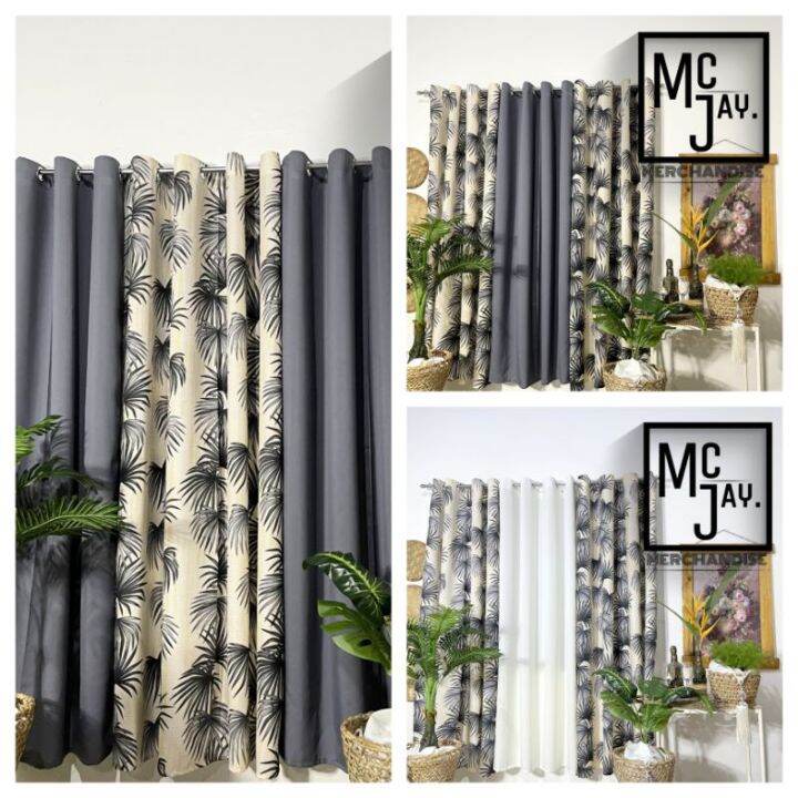【Spot in Manila】McJay. Gray Palm Leaves Curtain Set( 3 in 1 Curtain