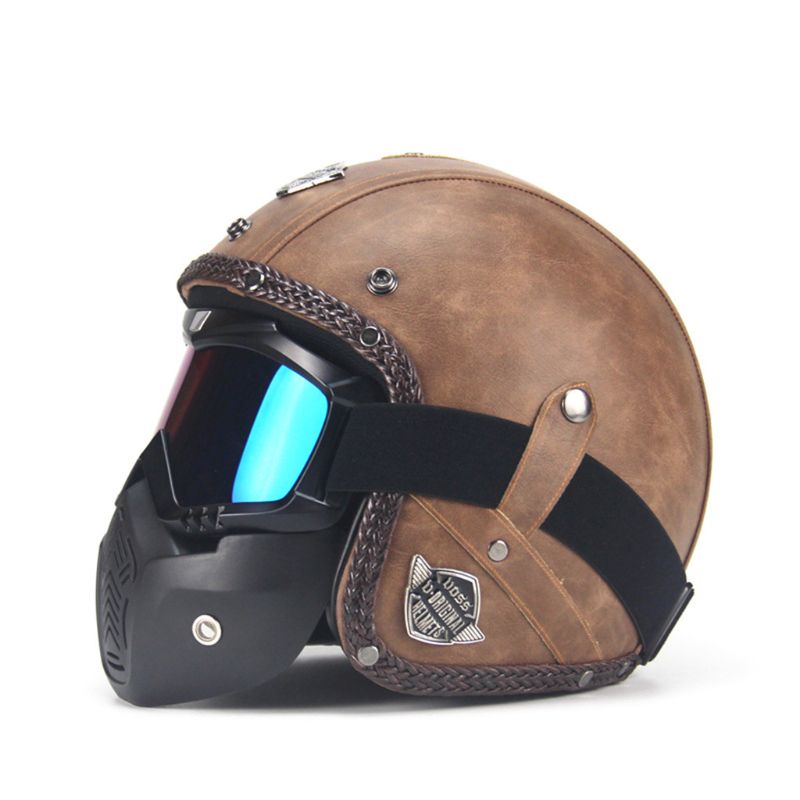 Dark Brown For Motor Motorcycle Bike Leather Helmet Open Face M/L/XL Durable 
