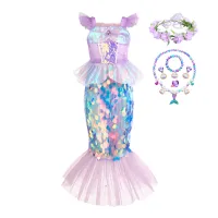 2023 New Summer Little Mermaid Cosplay Kids Dresses for Girls Princess Ariel Halloween Costume Children Puff Sleeve Christmas Dress for 3 4 5 6 8 Years