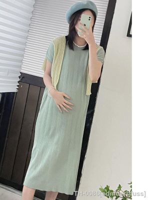 ♤✁ 2023 Verão estilo coreano maternidade roupas manga curta o pescoço mulher grávida vestido reto moda senhora do escritório vestidos elegantes