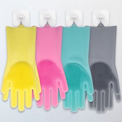 1Pair Magic Silicone Dishes Cleaning Gloves With Cleaning Brush Kitchen Wash Housekeeping Scrubbing Gloves Kitchen Cleaning Tool Safety Gloves