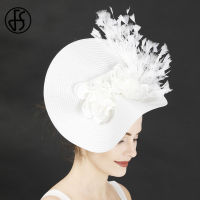 FS Imitation Straw Big Derby Fascinator Hat For Wedding Women White Flower Headpiece Headband Fancy Feather Race Hair Accessorie