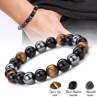 10มม.สร้อยข้อมือหินธรรมชาติ Tiger Eye Triple Protection Hematite สร้อยข้อมือผู้ชายและผู้หญิงสมดุลสุขภาพ Energy สร้อยข้อมือแฟชั่นเครื่องประดับ