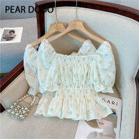 PEAR DODO เสื้อยืดแขนสั้นสำหรับผู้หญิงมีสายรัดเอวลายจุดที่ประดับคอลายดอกไม้สี่เหลี่ยมฉบับภาษาเกาหลีสำหรับผู้หญิง