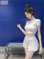 NICK Set For Women V-Neck Short Sleeve T-Shirt Korean Version Casual Cropped Top + Shorts Set