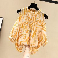 【มีไซส์ใหญ่】Plus Size Womens Cute Printed Summer Chiffon Blouses Ladies Office-wear A-line Tops 3/4 Sleeve Black Red Blusas