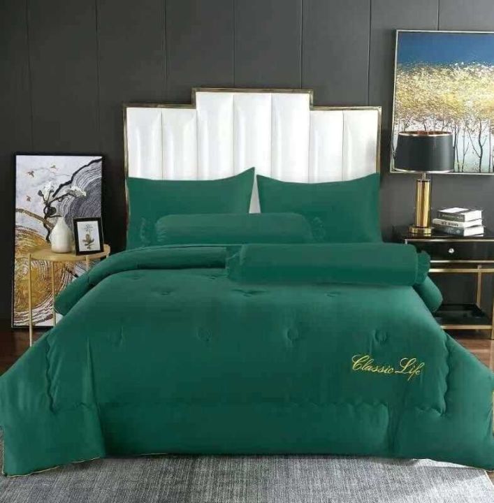 ชุดเครื่องนอน-ชุดผ้าปูที่นอนผ้าซาติน-ผ้าปูที่นอน-ผ้าซาติน-ขนาด-6-5-3-5-ฟุต-ผ้านวมเนื้อผ้าซาติน-เย็บกุมขอบ-สีเขียวเข้ม-สีพื้น
