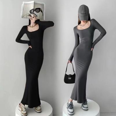 French square collar exposed collarbone long-sleeved slim dress womens autumn high waist tight skinny fishtail bag hips Dresses