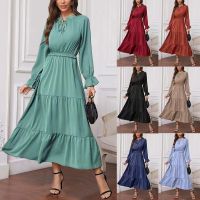 2023 new European and American womens summer solid color long-sleeved tie European and American style womens long dress women ❤