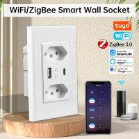 2023ytuc038 Tuya ปลั๊กเต้าเสียบ10A ติดผนัง USB WiFi/Zigbee บราซิลพร้อมพอร์ตควบคุมเสียงชนิด C สำหรับบ้าน Alexa