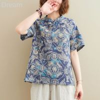 Retro cotton and linen round neck short sleeve top loose slimming printed T-shirt womens shirt 9113