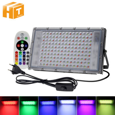 น้ำท่วมไฟ LED RGB กันน้ำ150W LED สปอตไลท์สปอตไลท์ AC 220V โคมไฟถนน LED โคมไฟแนวนอนพร้อมรีโมทคอนโทรล EU Plug